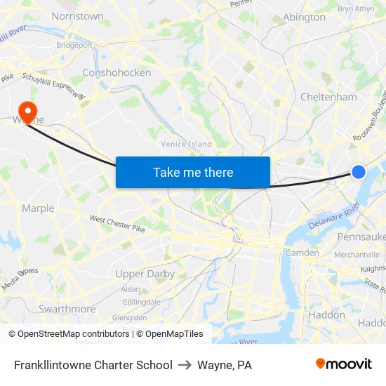 Frankllintowne Charter School to Wayne, PA map