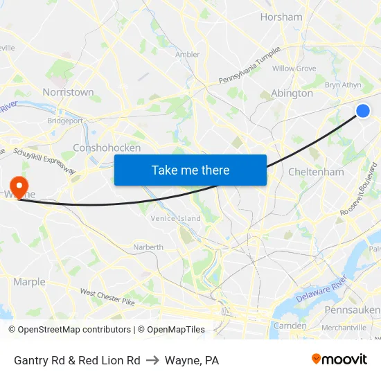 Gantry Rd & Red Lion Rd to Wayne, PA map