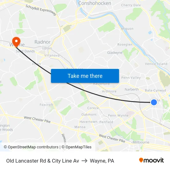 Old Lancaster Rd & City Line Av to Wayne, PA map