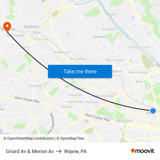 Girard Av & Merion Av to Wayne, PA map