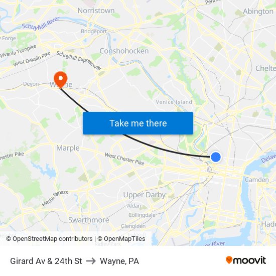 Girard Av & 24th St to Wayne, PA map