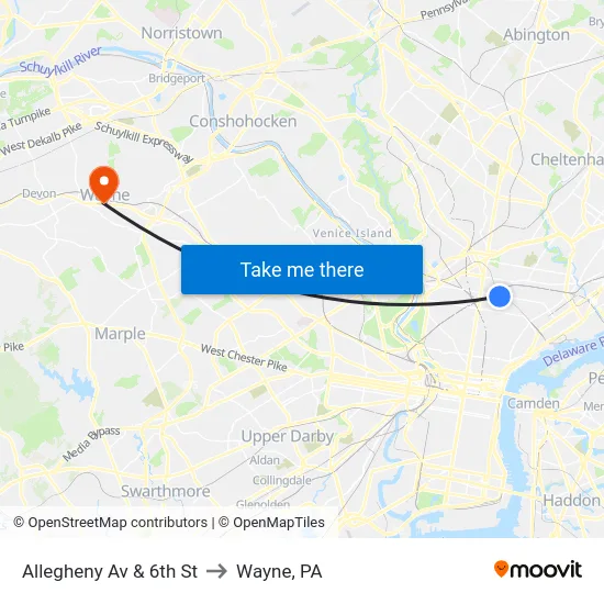 Allegheny Av & 6th St to Wayne, PA map