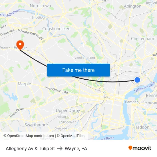 Allegheny Av & Tulip St to Wayne, PA map