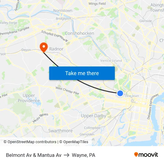 Belmont Av & Mantua Av to Wayne, PA map
