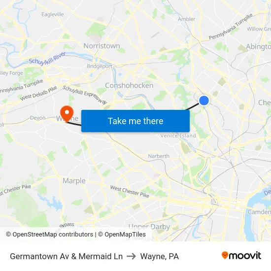 Germantown Av & Mermaid Ln to Wayne, PA map