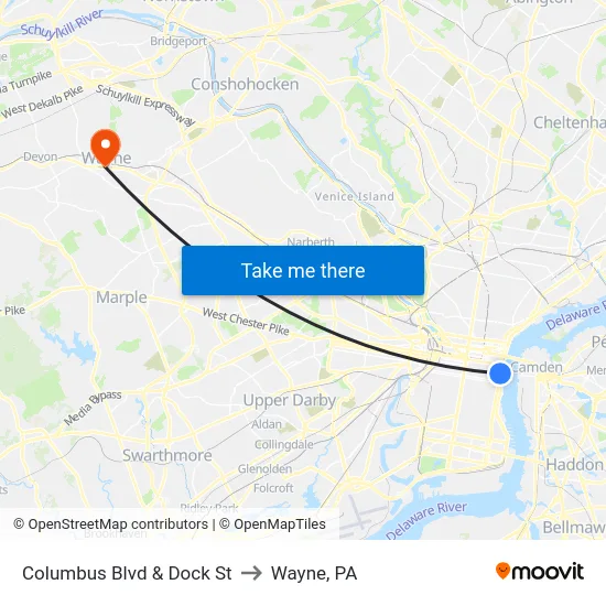 Columbus Blvd & Dock St to Wayne, PA map