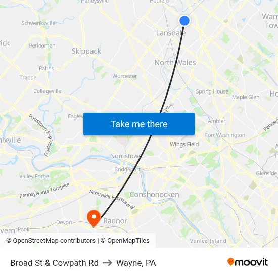 Broad St & Cowpath Rd to Wayne, PA map