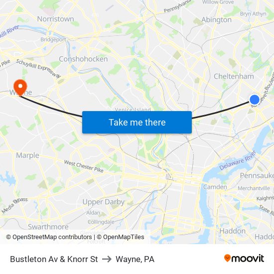 Bustleton Av & Knorr St to Wayne, PA map