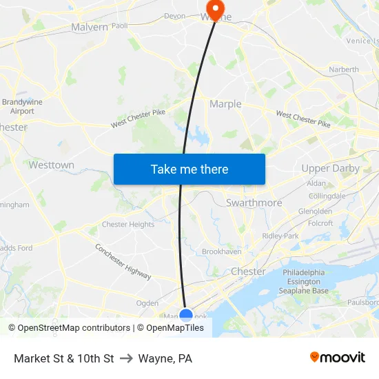 Market St & 10th St to Wayne, PA map