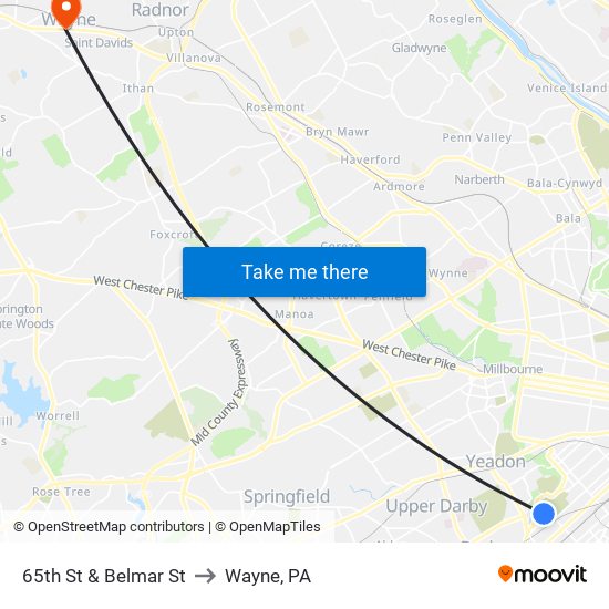 65th St & Belmar St to Wayne, PA map