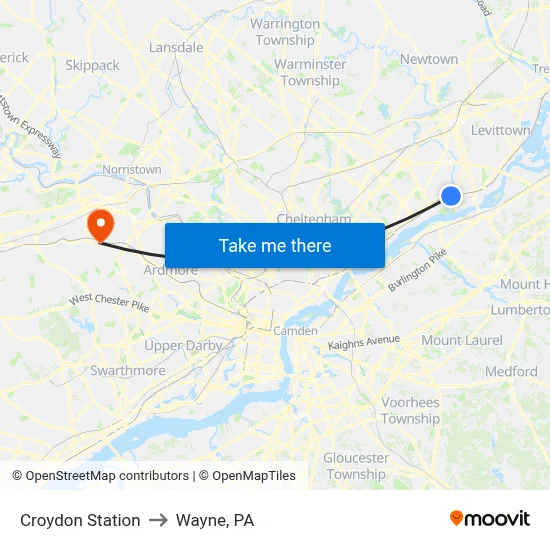 Croydon Station to Wayne, PA map