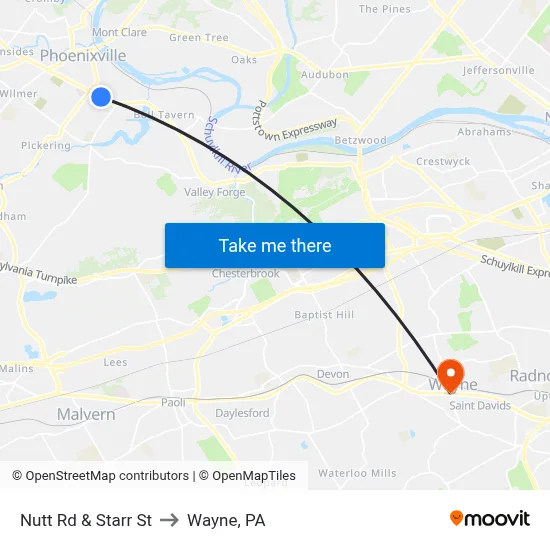 Nutt Rd & Starr St to Wayne, PA map