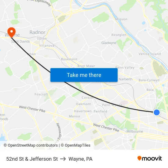 52nd St & Jefferson St to Wayne, PA map