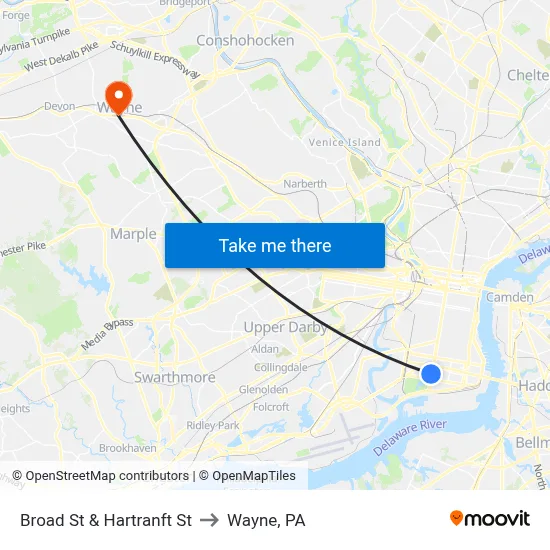Broad St & Hartranft St to Wayne, PA map