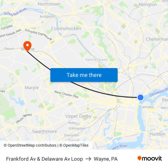 Frankford Av & Delaware Av Loop to Wayne, PA map