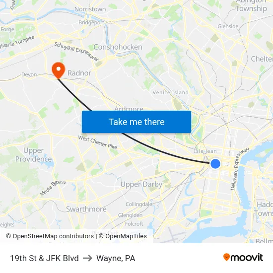 19th St & JFK Blvd to Wayne, PA map