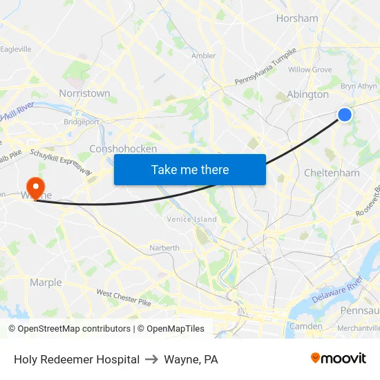 Holy Redeemer Hospital to Wayne, PA map