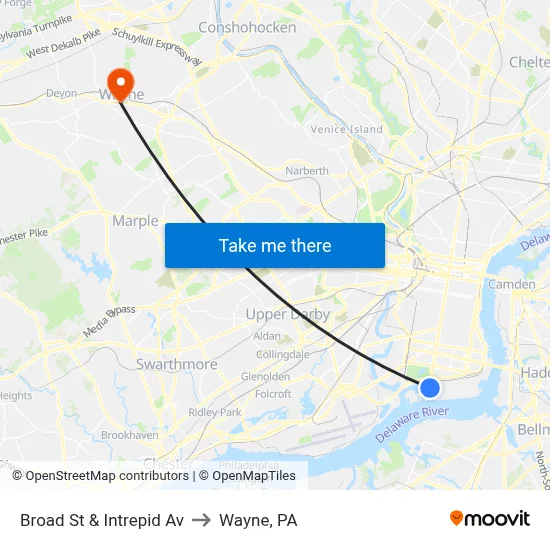 Broad St & Intrepid Av to Wayne, PA map
