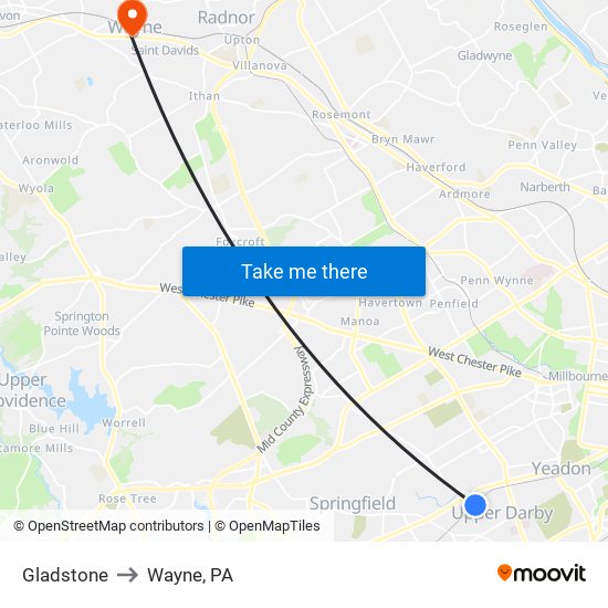 Gladstone to Wayne, PA map