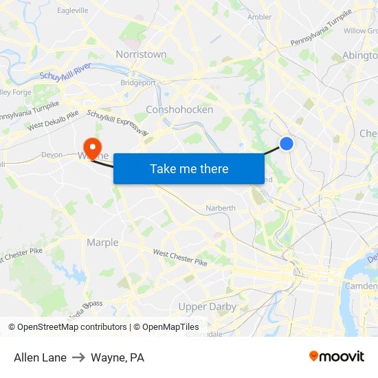 Allen Lane to Wayne, PA map