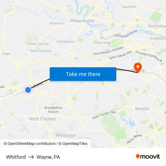 Whitford to Wayne, PA map