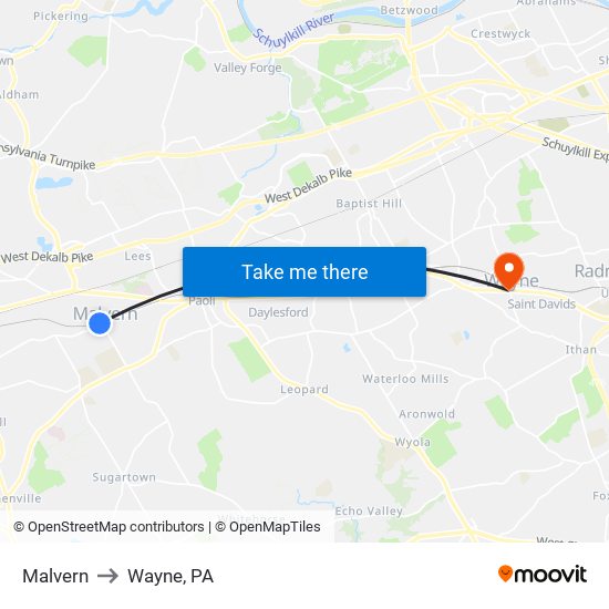 Malvern to Wayne, PA map