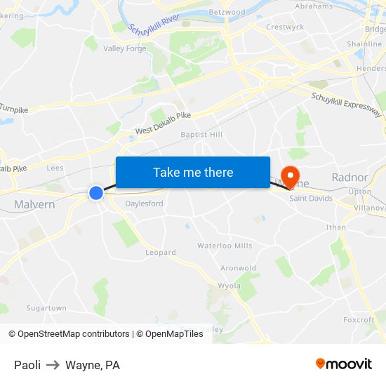 Paoli to Wayne, PA map