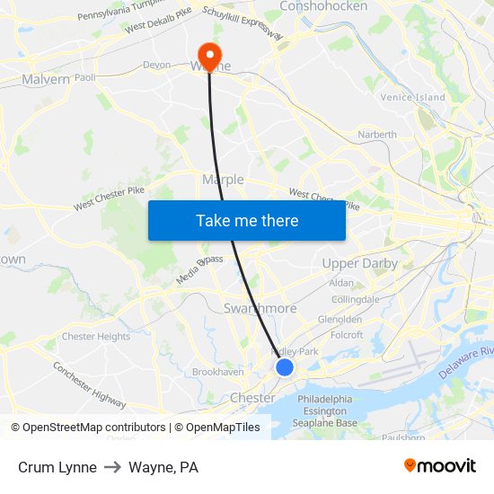 Crum Lynne to Wayne, PA map