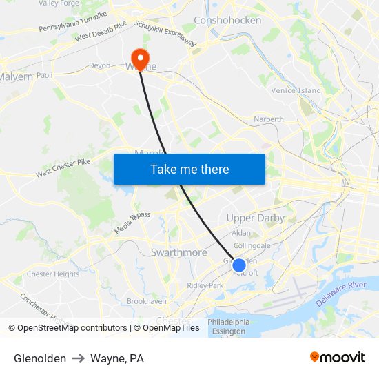 Glenolden to Wayne, PA map