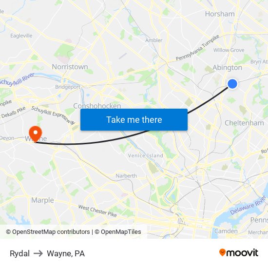 Rydal to Wayne, PA map