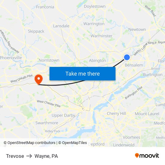 Trevose to Wayne, PA map