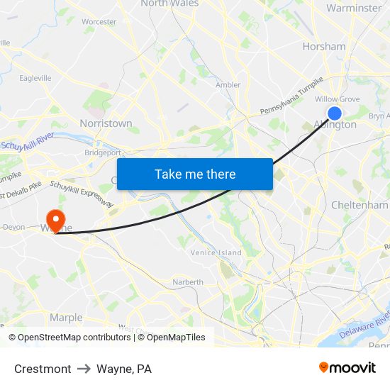 Crestmont to Wayne, PA map