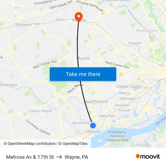 Melrose Av & 17th St to Wayne, PA map