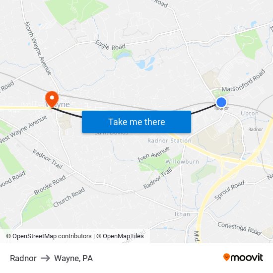 Radnor to Wayne, PA map