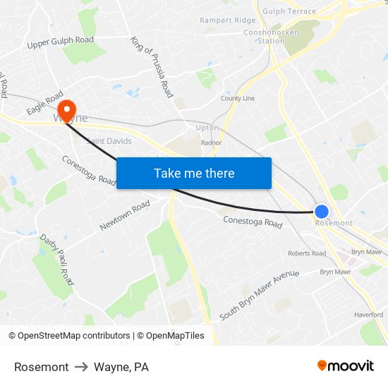 Rosemont to Wayne, PA map