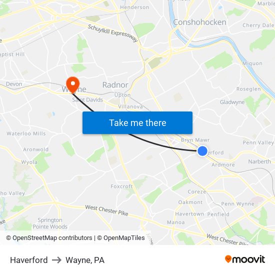 Haverford to Wayne, PA map