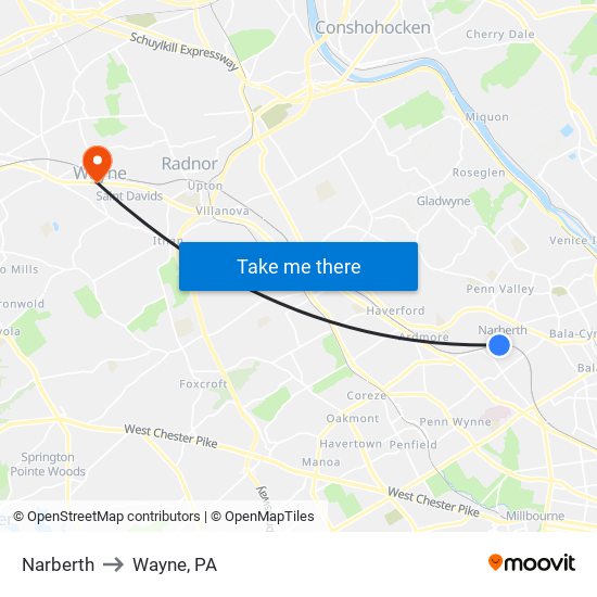 Narberth to Wayne, PA map