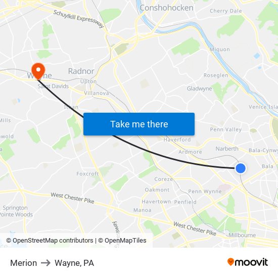 Merion to Wayne, PA map