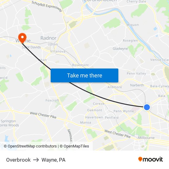 Overbrook to Wayne, PA map