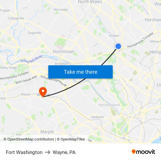 Fort Washington to Wayne, PA map