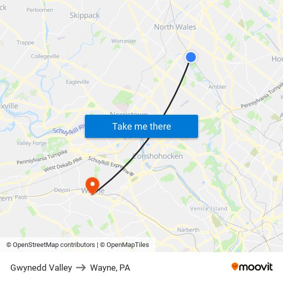 Gwynedd Valley to Wayne, PA map