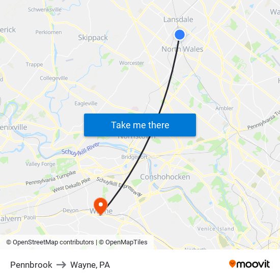 Pennbrook to Wayne, PA map