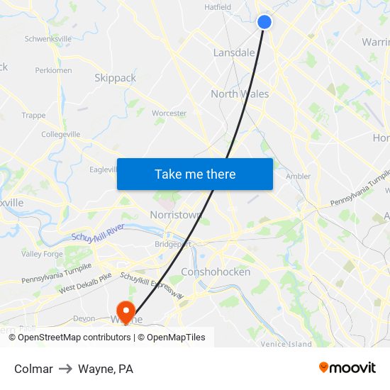 Colmar to Wayne, PA map