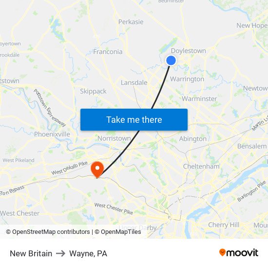 New Britain to Wayne, PA map