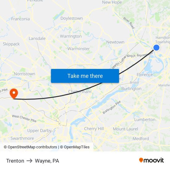 Trenton to Wayne, PA map