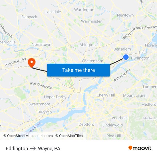 Eddington to Wayne, PA map