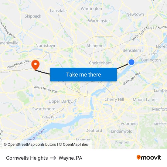 Cornwells Heights to Wayne, PA map