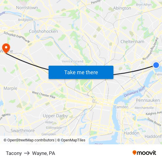 Tacony to Wayne, PA map