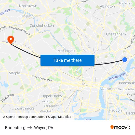 Bridesburg to Wayne, PA map