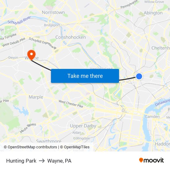 Hunting Park to Wayne, PA map